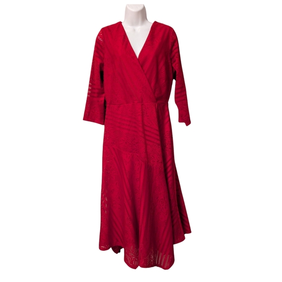 Danny & Nicole Ruby Red 3/4 Sleeve Dress Striped Floral Lace Midi Sz. 10 - Picture 5 of 16